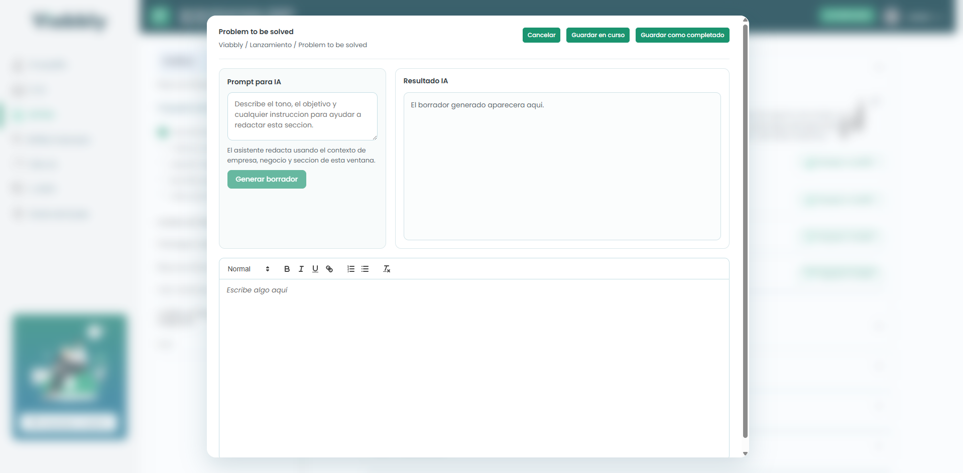 Panel de resumen financiero de Viabbly