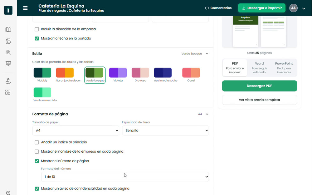 Opciones de estilo del documento descargable en Viabbly