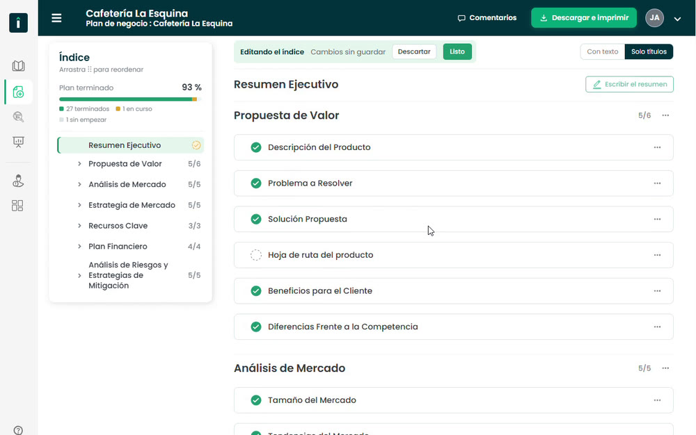 Índice del plan de negocio de un alumno en Viabbly