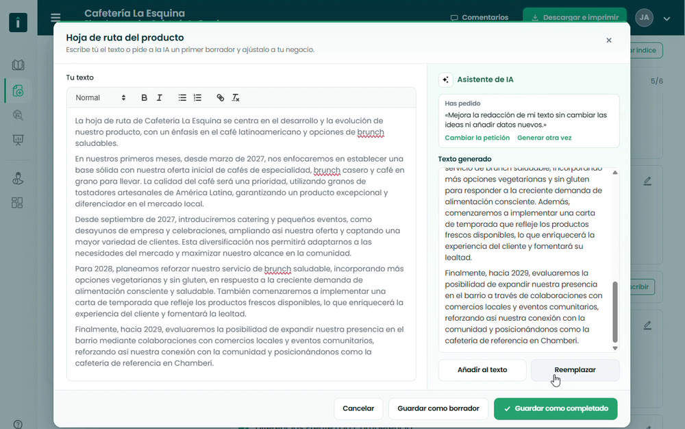 Asistente de IA de Viabbly mejorando el texto de un apartado del plan