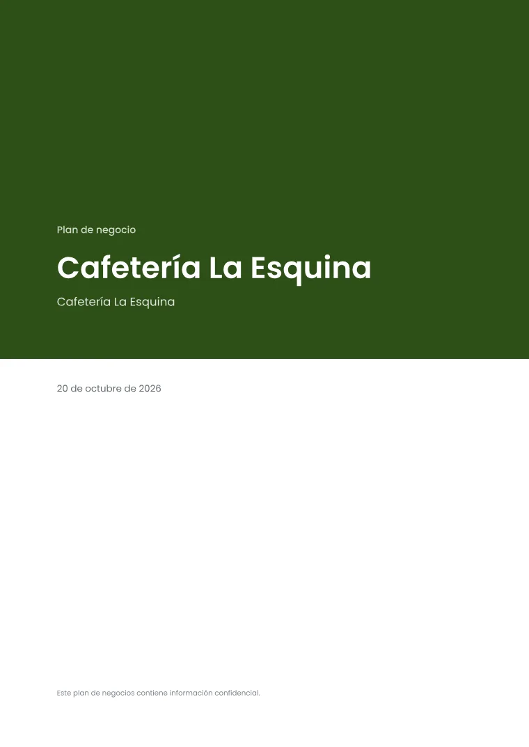 Página 1 del plan de negocio de ejemplo de la Cafetería La Esquina