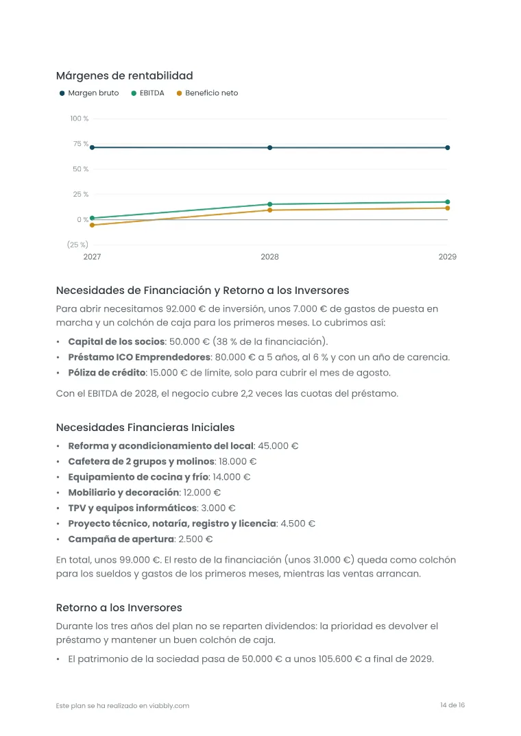 Página 14 del plan de negocio de ejemplo de la Cafetería La Esquina