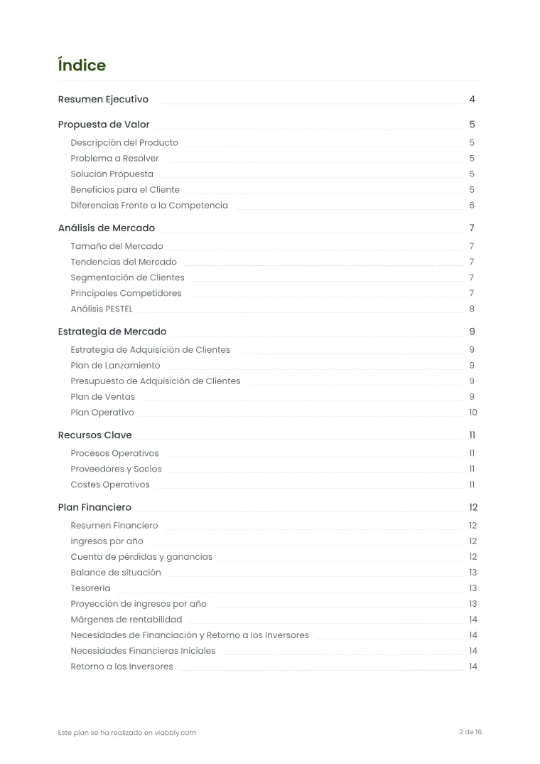 Página 2 del plan de negocio de ejemplo