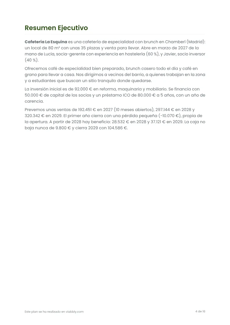 Página 4 del plan de negocio de ejemplo de la Cafetería La Esquina
